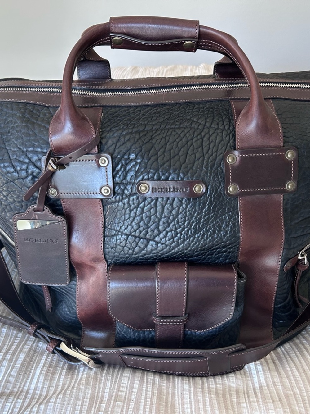 Borlino Big Horn Weekender Leather Duffel Bag-  Black & Brown (Brand New)